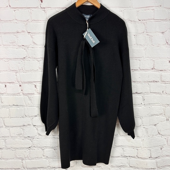 ModCloth  Black Acrylic Blend Sweater dress tie waist stretchy size large new - Picture 1 of 11